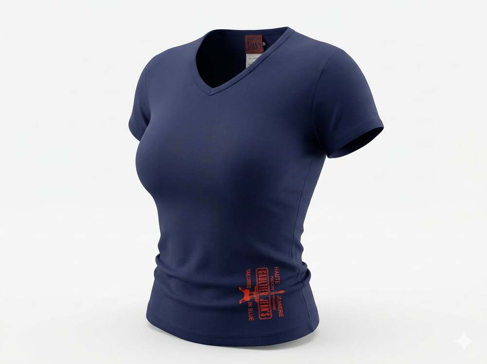 Vintage Gaultier Jean's Navy Blue V-Neck T-Shirt with Side Graphic Logo